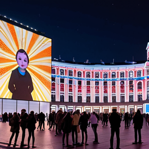 Home 11 A bustling city square in a modern Russian metropolis, transformed by cutting-edge public art. A grand historic building facade is alive with dynamic, interactive light projections, changing patterns and colors in response to the movement of pedestrians below. People of all ages are captivated, some using their smartphones to reveal subtle augmented reality elements hovering in the space, creating a futuristic and engaging urban experience. The scene is vibrant, alive with energy and modern technology, showcasing the city's identity through innovative art. Twilight illumination, photorealistic, cinematic quality.