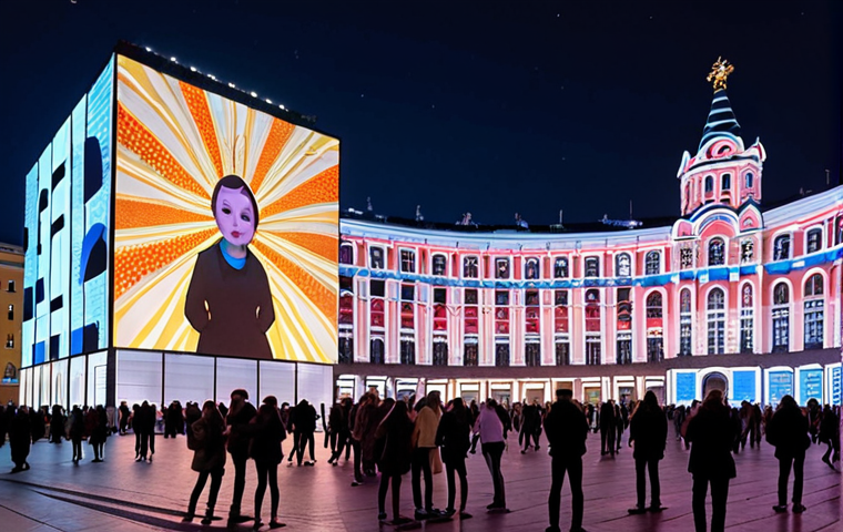 A bustling city square in a modern Russian metropolis, transformed by cutting-edge public art. A grand historic building facade is alive with dynamic, interactive light projections, changing patterns and colors in response to the movement of pedestrians below. People of all ages are captivated, some using their smartphones to reveal subtle augmented reality elements hovering in the space, creating a futuristic and engaging urban experience. The scene is vibrant, alive with energy and modern technology, showcasing the city's identity through innovative art. Twilight illumination, photorealistic, cinematic quality.