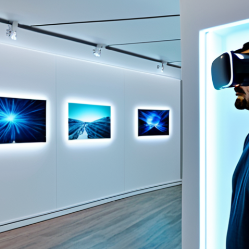 Home 6 Virtual Art Gallery**
"A brightly lit, modern virtual art gallery with various digital artworks displayed on the walls. People wearing casual, modest clothing are observing the art through VR headsets. The gallery has a clean, futuristic design with glowing accents. Safe for work, appropriate content, fully clothed, professional setting, perfect anatomy, correct proportions, natural pose, high quality rendering."
**