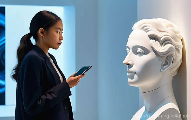 예술경영과 빅데이터 - **A Futuristic Art Gallery Experience:**
A vibrant, modern art gallery bathed in soft, diffused ...