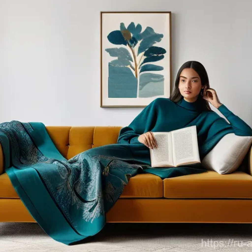 문화예술 협업 프로젝트 - **"Modern Interior with Artistic Blanket"**: A cozy, contemporary living room bathed in soft, natura...