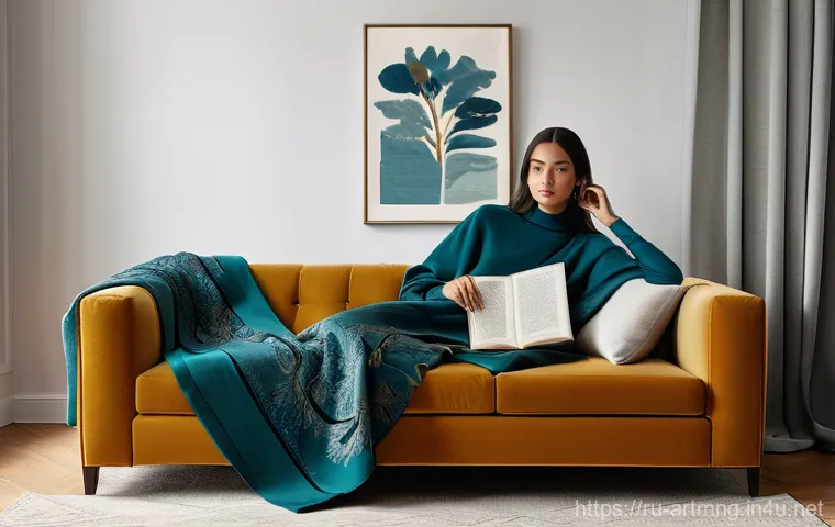 문화예술 협업 프로젝트 - **"Modern Interior with Artistic Blanket"**: A cozy, contemporary living room bathed in soft, natura...