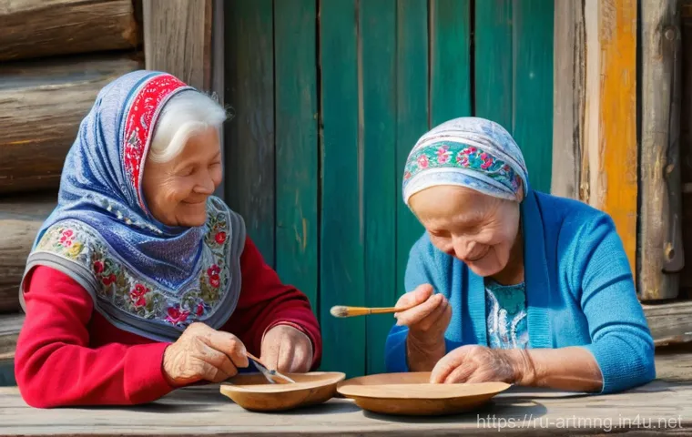 공공기관 문화예술 지원 사업 - **Prompt:** A heartwarming scene of an elderly, wise Russian "babushka" (grandmother) with a kind sm...