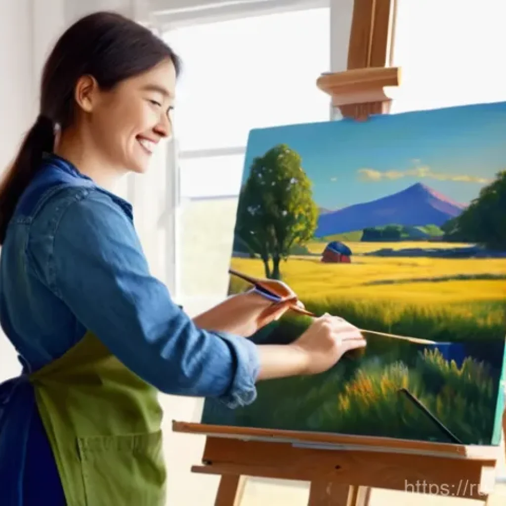 예술과 구독 경제 - **Prompt:** A cozy, sunlit artist's studio. A young artist, wearing comfortable clothes and an apron...