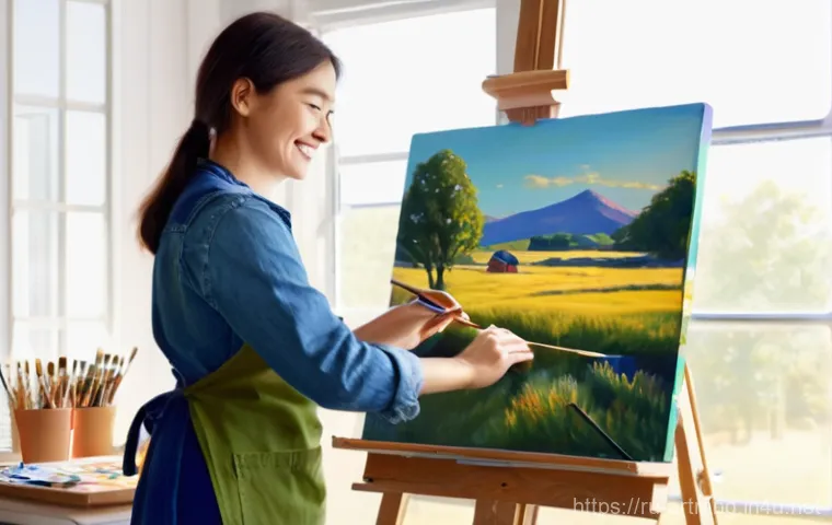 예술과 구독 경제 - **Prompt:** A cozy, sunlit artist's studio. A young artist, wearing comfortable clothes and an apron...