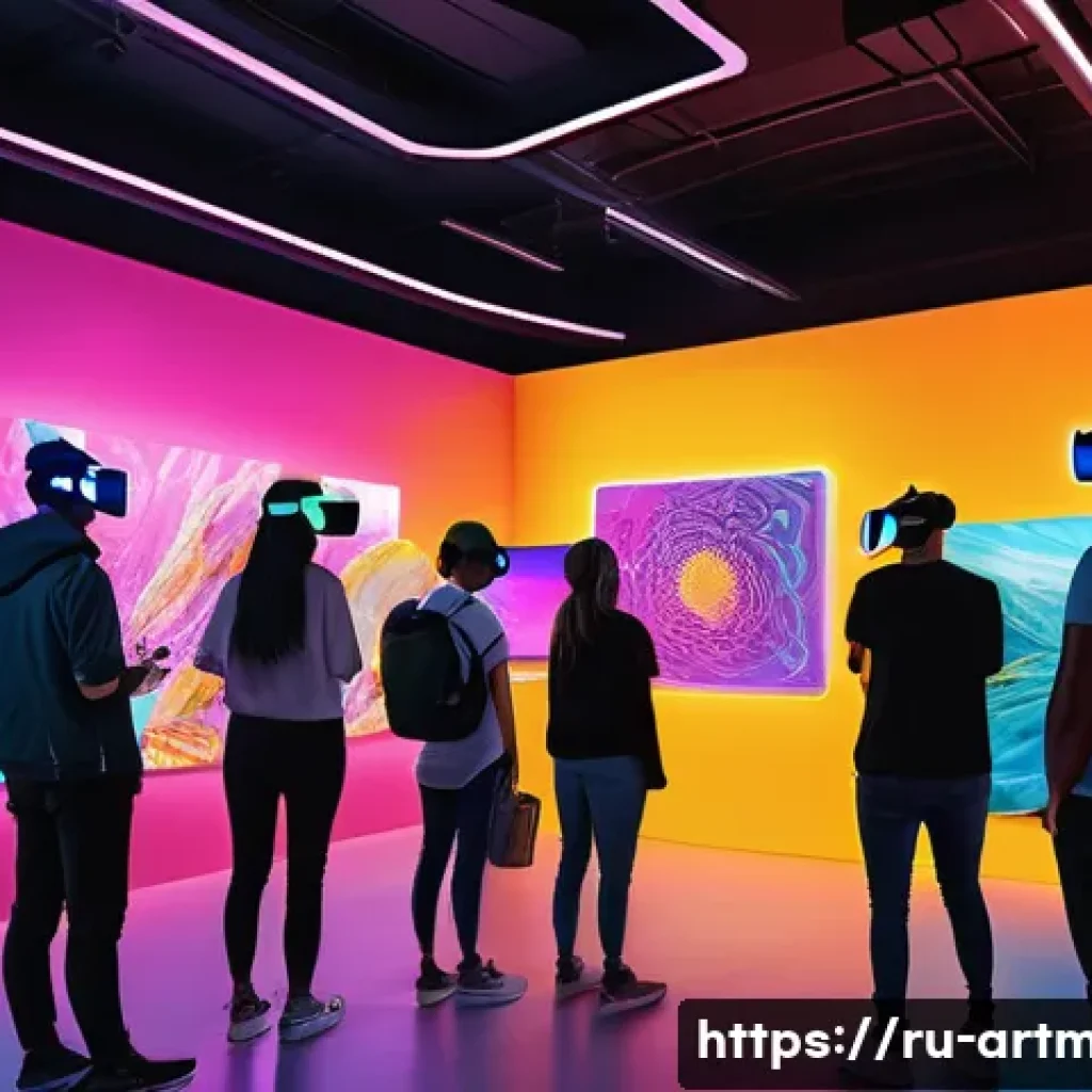 예술산업 트렌드 분석 - A futuristic digital art gallery scene showcasing a diverse group of visitors exploring 3D virtual e...