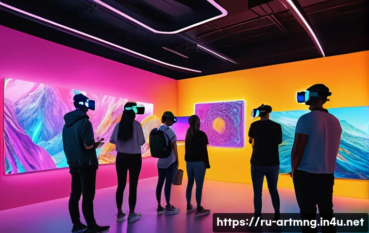 예술산업 트렌드 분석 - A futuristic digital art gallery scene showcasing a diverse group of visitors exploring 3D virtual e...