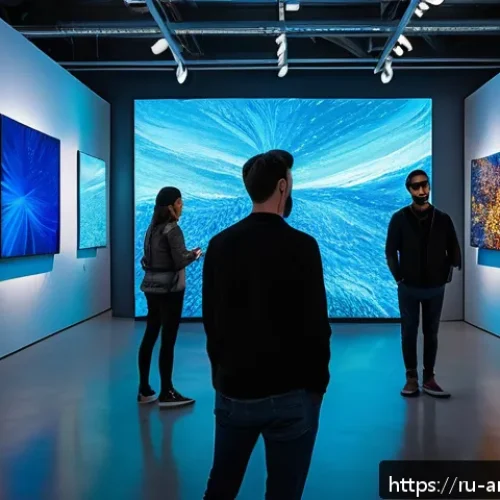 예술경영과 인공지능 - A modern art gallery interior featuring an AI-powered interactive exhibition: sleek digital screens ...