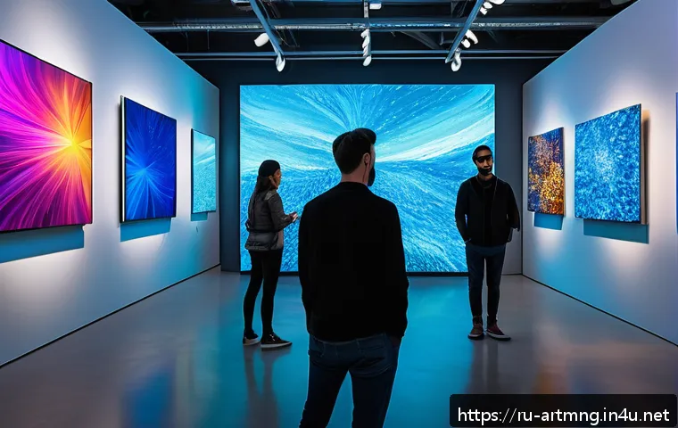예술경영과 인공지능 - A modern art gallery interior featuring an AI-powered interactive exhibition: sleek digital screens ...