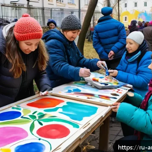 예술과 사회적 기업 - A vibrant community art workshop scene in a Moscow neighborhood, featuring diverse elderly and youth...