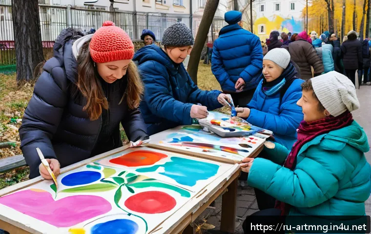 예술과 사회적 기업 - A vibrant community art workshop scene in a Moscow neighborhood, featuring diverse elderly and youth...