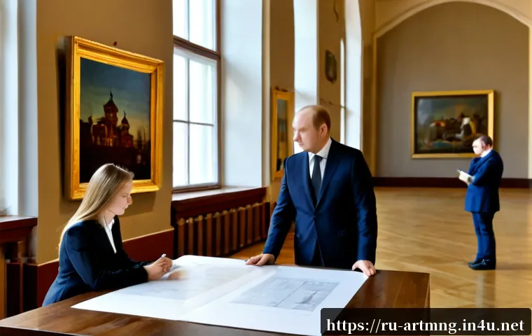 뮤지엄 매니지먼트 - Photorealistic museum management meeting in a grand historic Russian art museum, diverse staff revie...