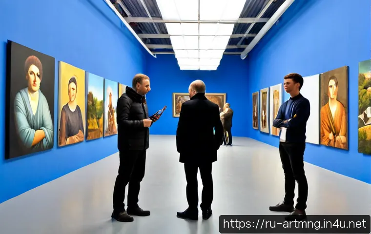 Home 17 예술경영과 문화융합 사례 - Photorealistic cultural arts management scene in a restored historic Moscow warehouse gallery, a Rus...
